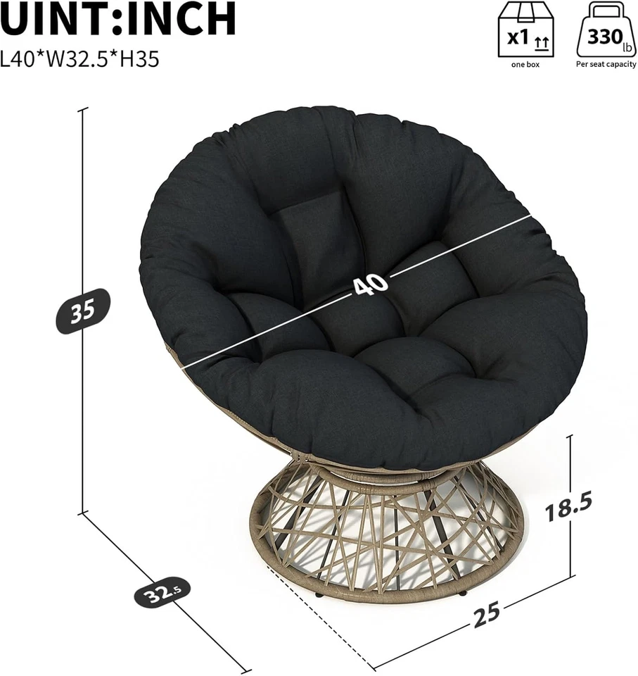 40" Wicker Papasan Chair with Cloud Thick Cushion, Fluid 360 Degree Swivel Accen - Image 2 of 4