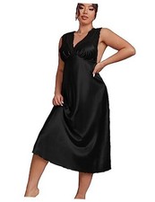 Women's Plus Size Nightgowns Satin Sleepwear Sleeveless V 3X-Large Plus Black
