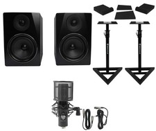 2 Rockville APM6B 6.5" Powered USB Studio Monitors Stands Pads Condenser Mic