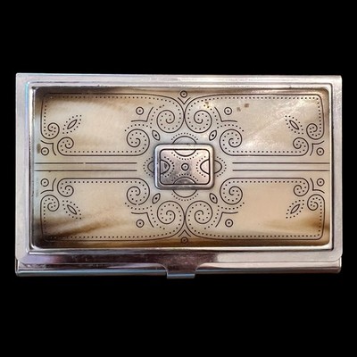 Brighton Silver Business Card Case w/ Ivory Enamel Inlay & Delicate Scrollwork