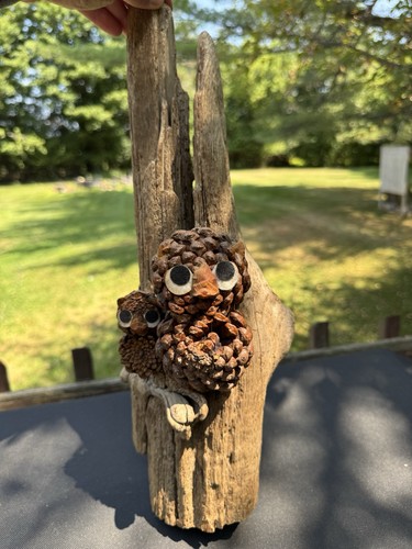 Handmade Rustic Driftwood Art Sculpture Wall Hanging w/Pine Cone Owls Decor - Picture 6 of 7