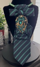 Dark Green/Navy Striped Women's Neck Tie with Decorative Brooch Accent