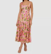 Adrianna Papell Women's Pink Satin Tropical Tiered A-Line Dress Size 4