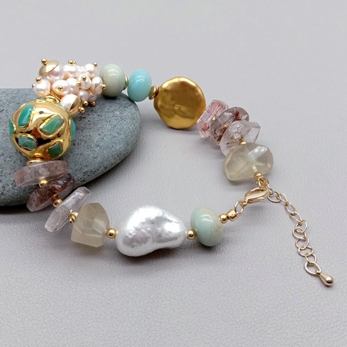 Cultured White Pearl Amazonite Quartz Sea Shell Pearl Beaded Bracelet - Picture 7 of 7