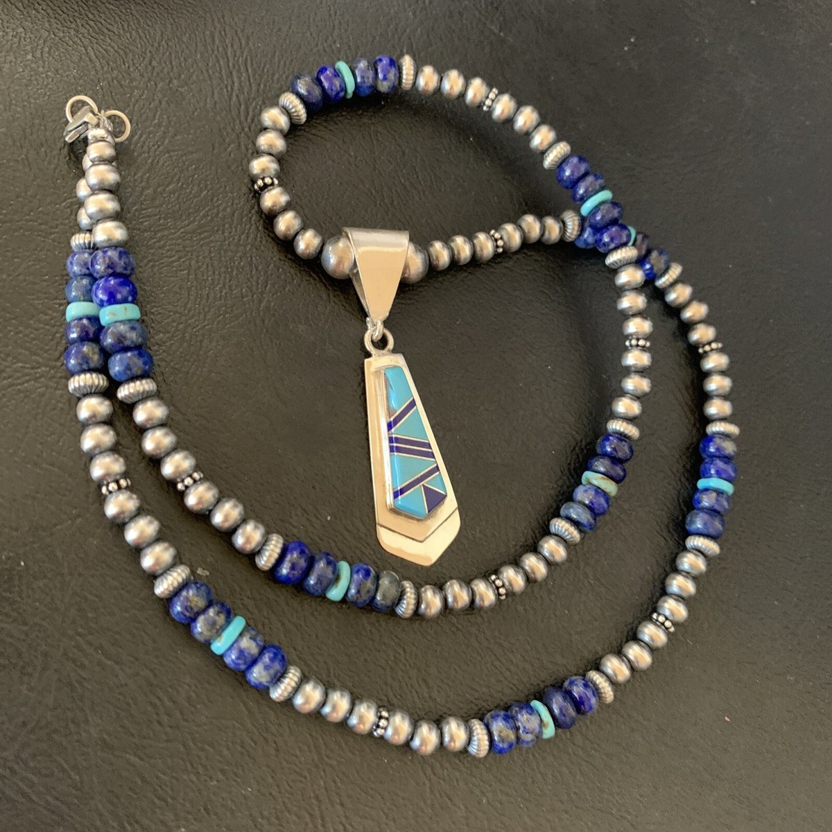 Men Lapis Turquoise Pendant Navajo Pearls Sterling Silver Necklace 21