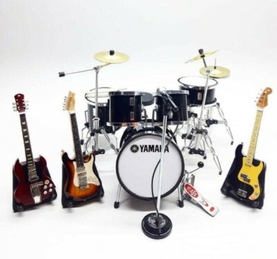 Miniature Drum Set Full Black Star + 3 Guitars Free Strap Mic Musical Instrument