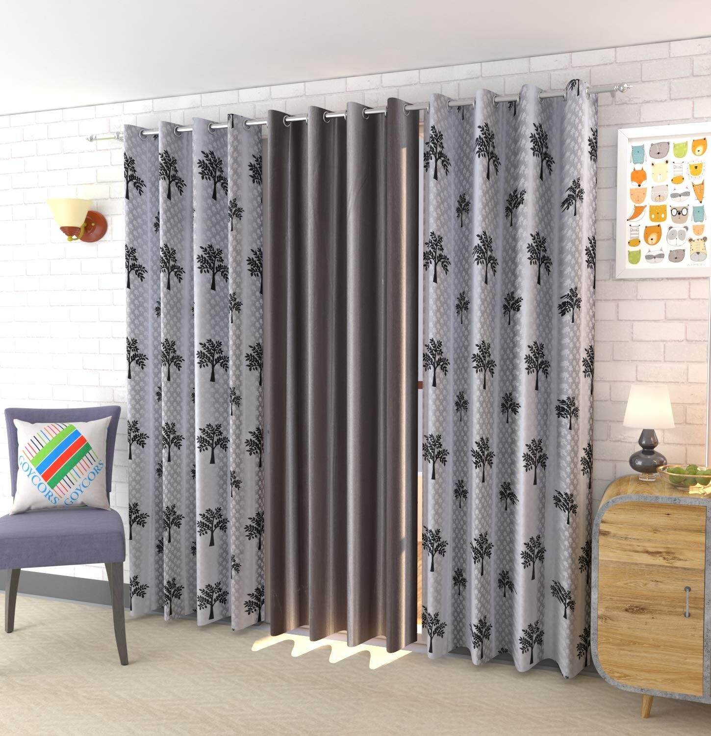 New 3 Piece Eyelet Polyester Door Curtain Set - 7 feet