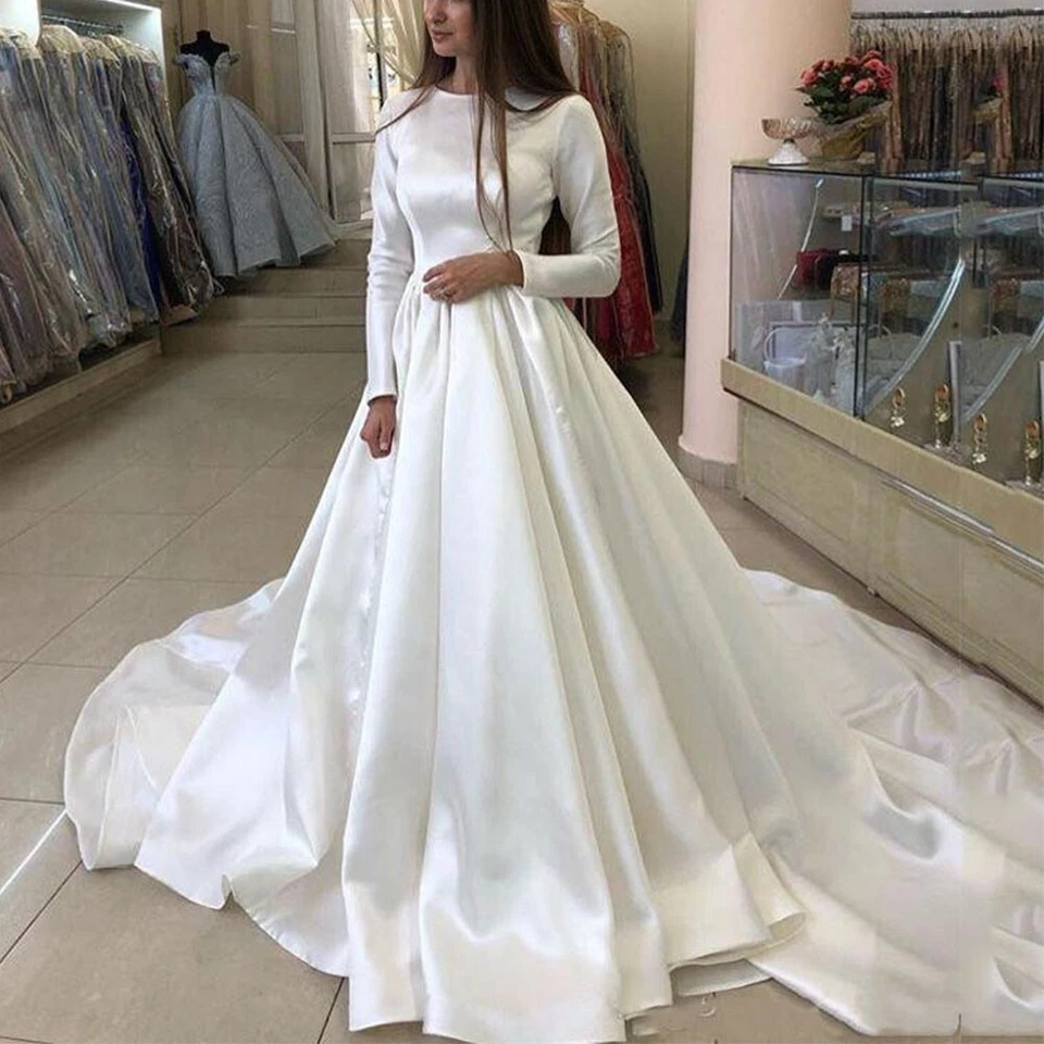 Vestido de noiva muçulmano manga comprida cetim franzido varredura trem gola redonda vestido de noiva - Imagem 2 de 4