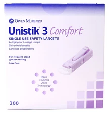 Unistik 3 Comfort Safety Lancets - Box of 200 - 28G with 1.88mm Penetration Dept