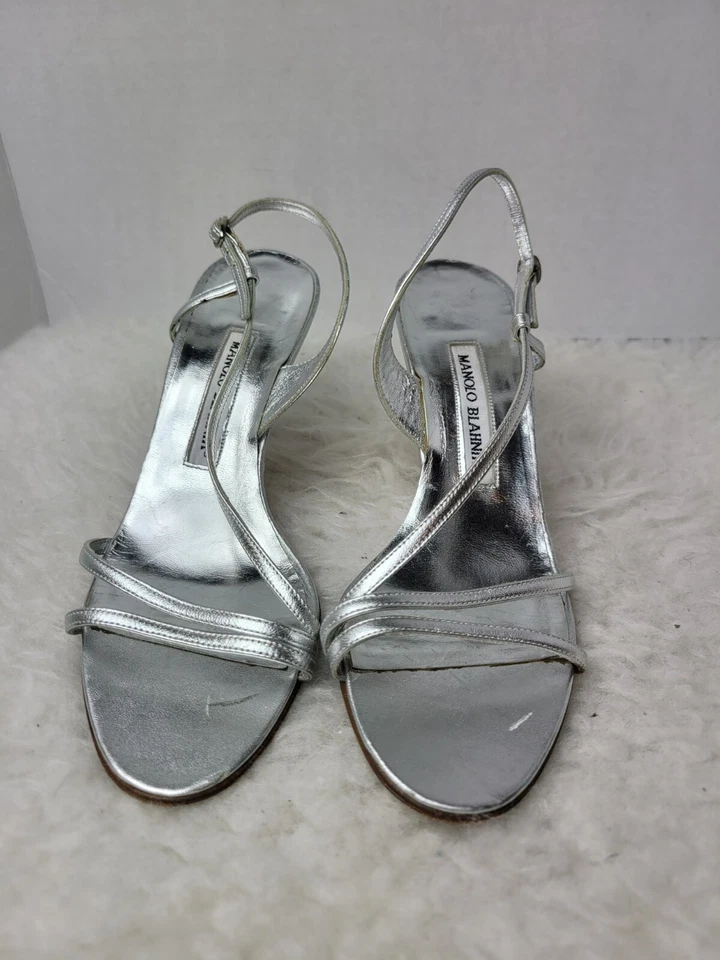Manolo Blahnik Womens Heel Sandals Size 8.5 Silver Leather Slingback Open Toe - Image 2 of 4