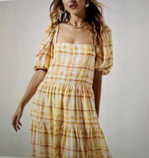 ASTR The Label Square Neck Short Puff Sleeve Tiered Midi Dress Yellow Plaid Sz M