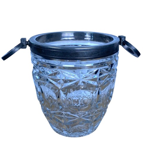 Vintage French Cut Glass Ice Bucket Silver Plate Ring Handles Barware Heavy- SS