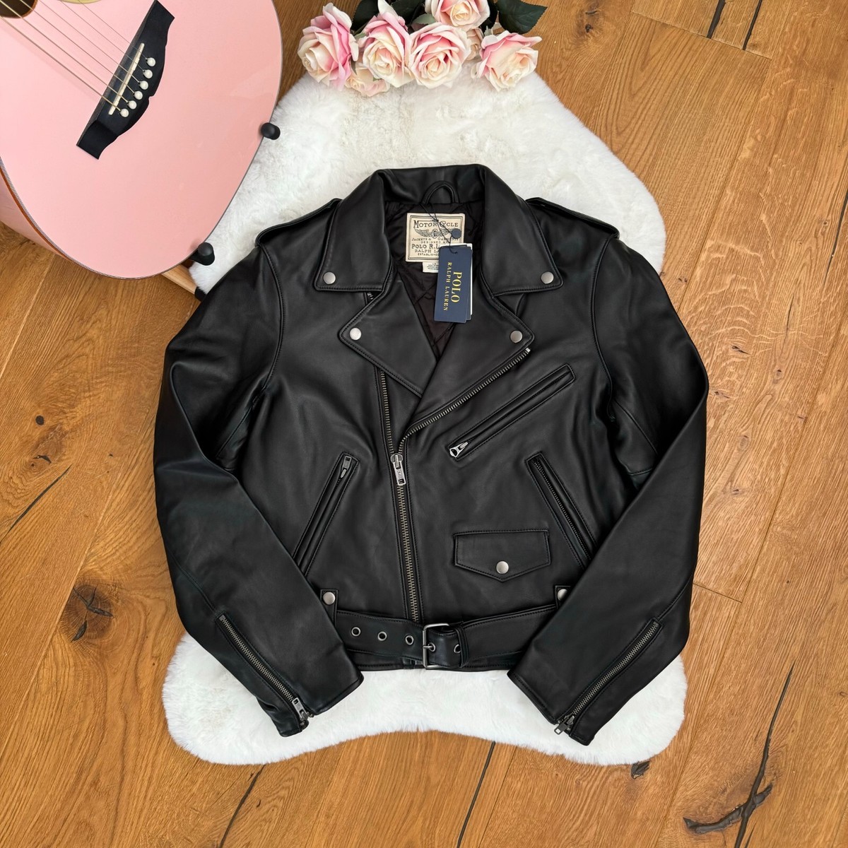 Polo RALPH LAUREN LEATHER JACKET BIKER Moto Black Sheepskin