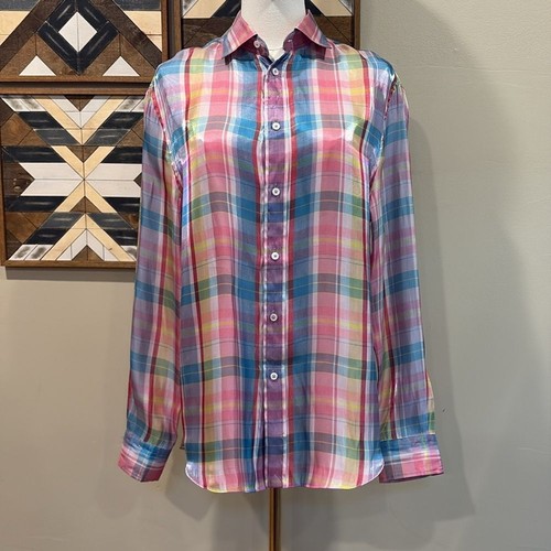 Ralph Lauren Collection Hannah Madras Shirt in Yellow/Purple Multi sz 10 *As-Is* - Picture 4 of 16