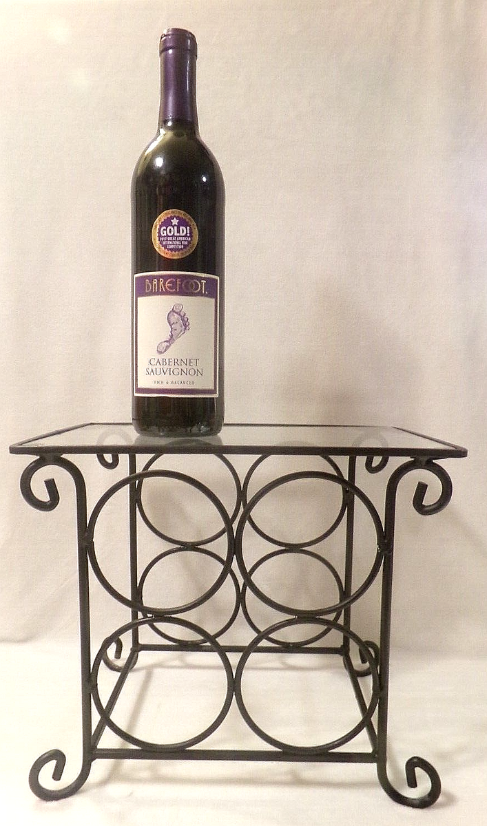 BLACK WROUGHT IRON WINE RACK w/CLEAR GLASS TOP SHELF Holds 750ml  Bottles
