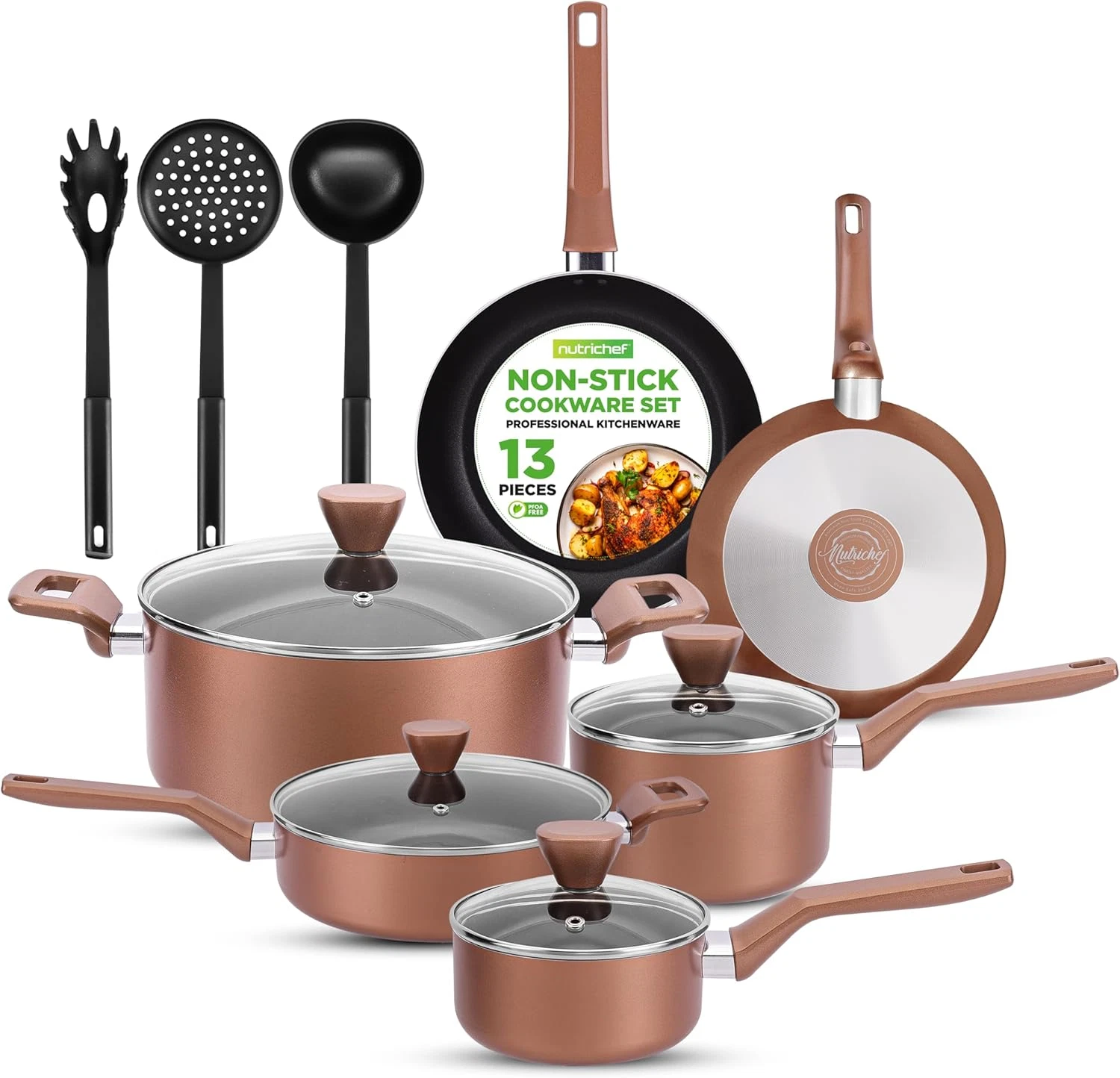 13-Piece Nonstick Cookware Set - Heat Resistant Pots & Pans, Brown