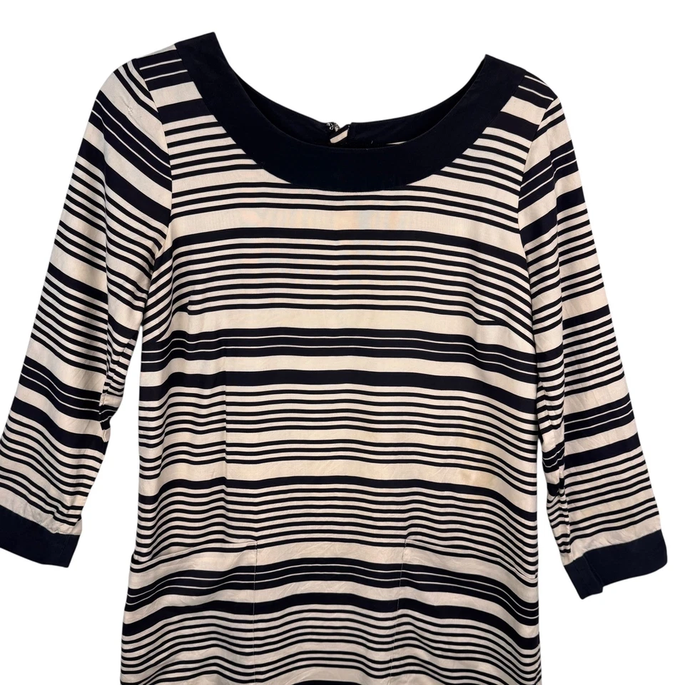 J. Vestido Crew 6 Rayas Azul Marino Crema 100% Seda Cuello Barco Manga 3/4 Forrado Carrera Foto 3 de 4