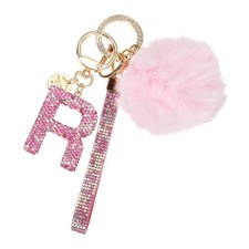 Initial Letter R Keychain with Pom and Rhinestone Wristlet, Pink