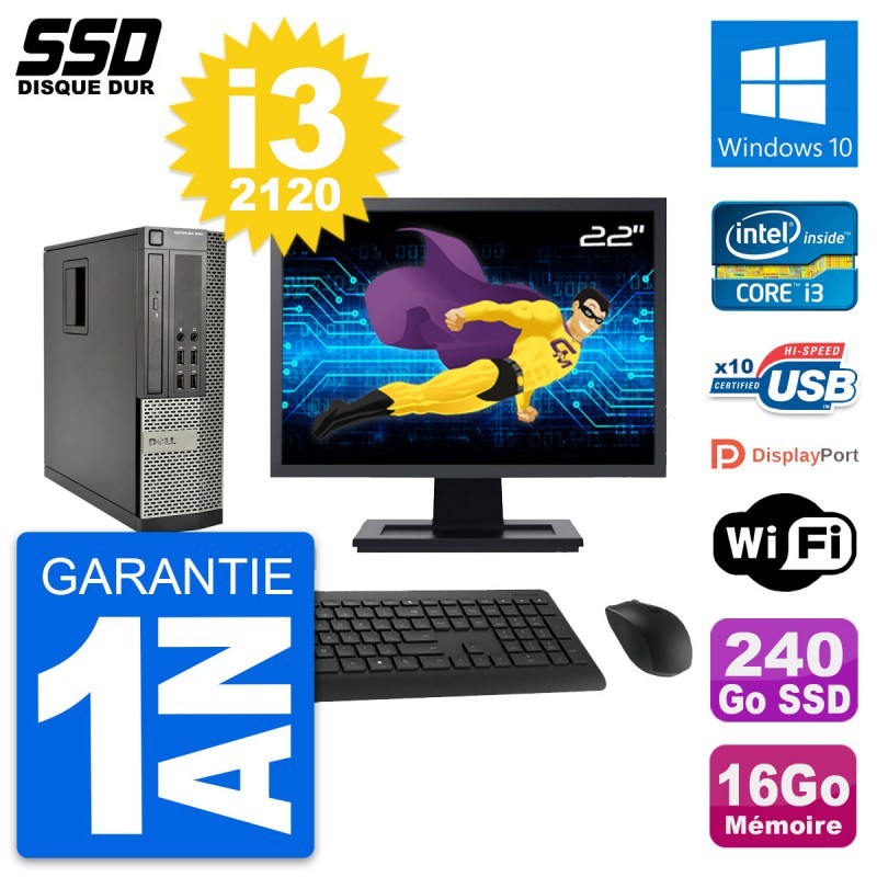 PC Dell OptiPlex 990 SFF Ecran 22" i3-2120 RAM 16Go SSD 240Go Windows 10 Wifi