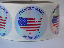 PROUDLY MADE in the USA Flag 1.75 Sticker Label holographic prism circle 250/rl