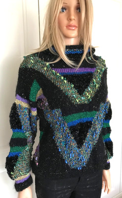 Neu handgestrickter schwarzer Mohair & Metallic Garne Pullover Gr. S/M breiter Rollkragen