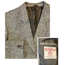 Harris Tweed Mens Gray Herringbone Wool Blazer Jacket 44R Handwoven Scotland