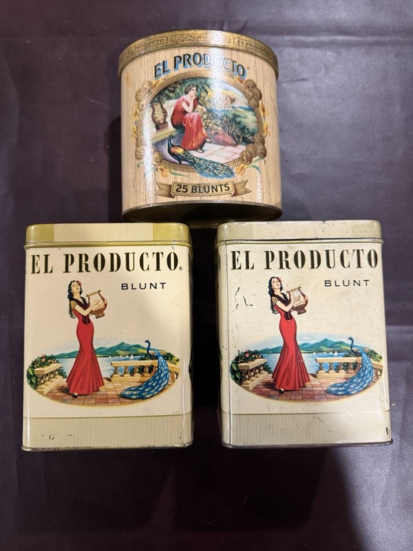 EL PRODUCTO lot of 3 Empty blunt tins. 1 round 2 square. 