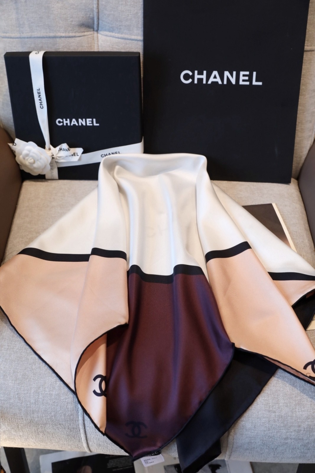Chanel Color-Blocked Square Silk Scarf 90x90cm