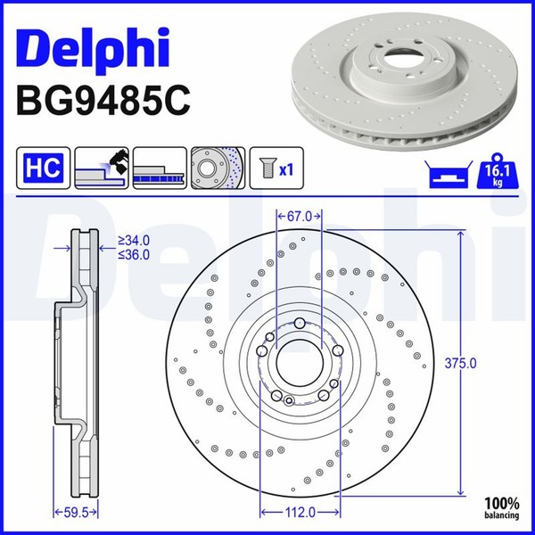 2X Delphi Bremsscheibe BG9485C FüR Mercedes GLE V167 C167 GLS X167 350 Matic 167-image