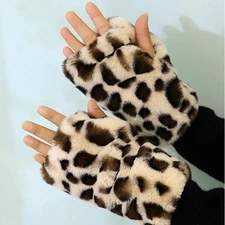 Winter Leopard Print Half-Finger Gloves Plush Warm Gloves Outdoor Cycling Drivin