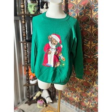 Vintage Hanes Her Way Christmas Teddy Bear Sweatshirt Green Large Holiday