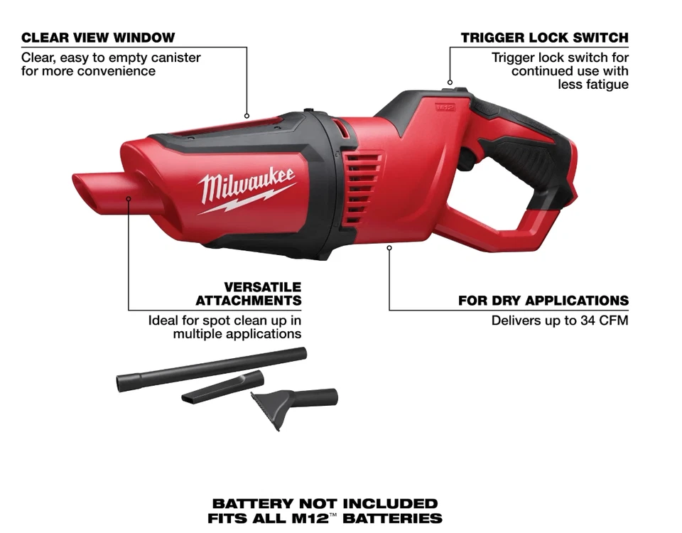 Milwaukee 12 Volt Lithium Ion M12 Cordless Compact 33CFM Dry Vacuum - Tool Only Foto 2 de 4
