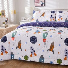 Kids Space Bedding Set Boy Girl Cotton Comforter Set Space Rocket Galaxy Bedr...