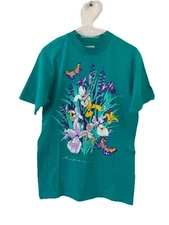 Vintage Aspen Flowers Butterflies T-Shirt Hanes Beefy-T 90s Teal M USA Made #65