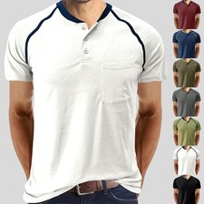 Mens Henley Buttons T-Shirt Tops Short Sleeve Pockets Casual Loose Shirts Blouse