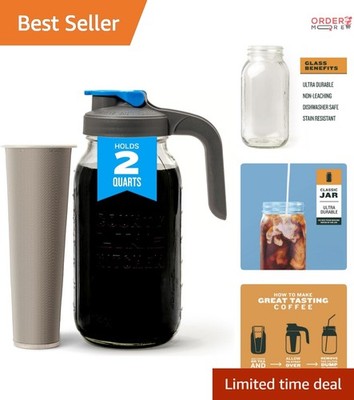 Glass Cold Brew Coffee Maker 64 oz Leak-Proof Mason Jar Iced Tea & Coffee