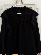 Black Chiffon Sheer Ruffle Lace Ruffle Neck Long Sleeve Blouse Size S