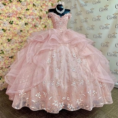Light Pink Princess Quinceanera Dress 3D Flowers Lace Appliques Ruffle Ball Gown