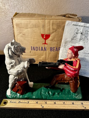 Indian Shooting Bear Mechanical Cast Iron Penny Bank,OriginalBox /Instructions