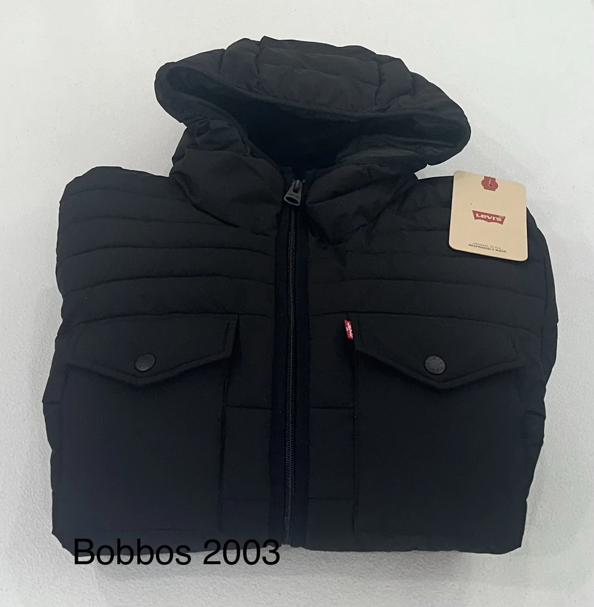 Levi's Men's Full Zip Water Resistant Lightweight Hooded Puffer Jacket, Black, S