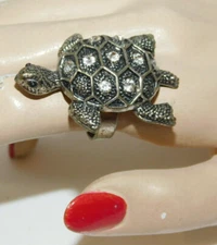 Chunky Silver tone Turtle Rhinestone  Adjustable cocktail Ring 3k 47