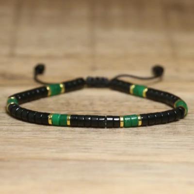 4mm Natural Black Onyx and Green Jade Adjustable Bracelet for Women