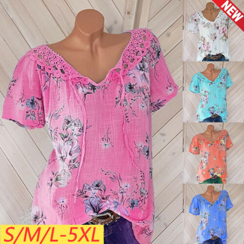 Womens Cotton Linen Floral Top Ladies Summer Loose Blouse T Shirt Tunic ⚝