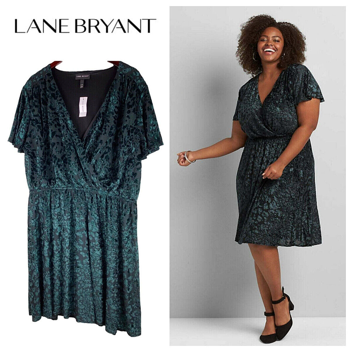 lane bryant green velvet dress New LANE BRYANT 3X 22 24 Dress Velvet Velour Green Burnout Holiday Party 1d