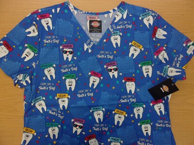 Dickies Dentist Every Day Tooth's Day Medical Scrub Top V-Neck Womens L ~NWT~
