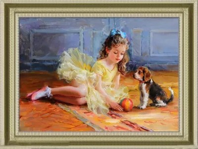 Handmade Original Oil Painting Portrait art ballet girl dog on canvas 24x36''