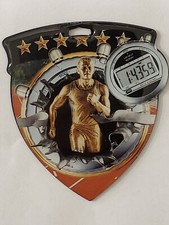 Male Track medal, shield shape 3" x 2.5" diameter, with ribbon, engraving