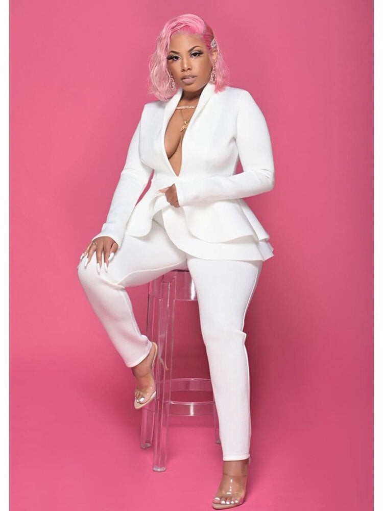 Women Ruffle Suit Blazer Jacket Pant Formal Office S,M