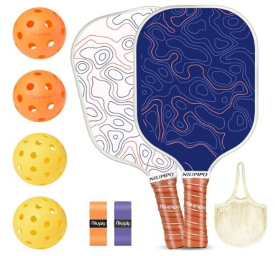 NEW! Set of 2 Fiberglass Pickleball Paddles Balls Bag, Lightweight Rackets Pack