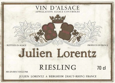 Wine Label Julien Lorentz  Vin d'Alsace Riesling  5 W X 3 1/2 H France